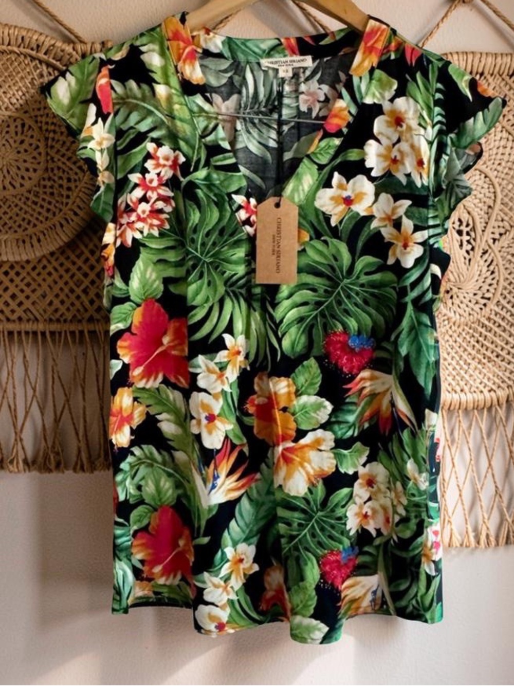 Christian Siriano tropical pullover top flutter sleeve orange,green black,beach